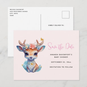 Invitation Carte Postale Bébé Cerf avec Antlers et Fleurs Enregistrer la da