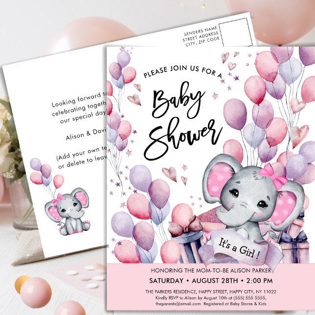Invitation Carte Postale Bébé Eléphant Ballons roses mignonette Baby shower (Créateur téléchargé)