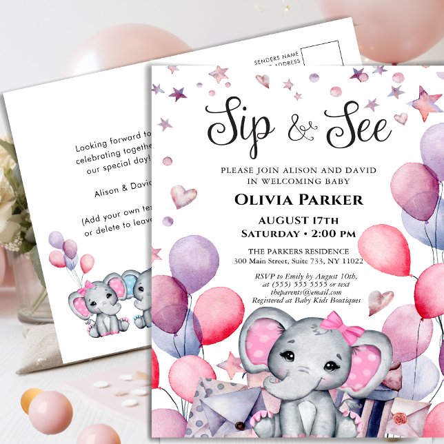 Invitation Carte Postale Bébé Eléphant Ballons roses SIP ET VOIR (Créateur téléchargé)