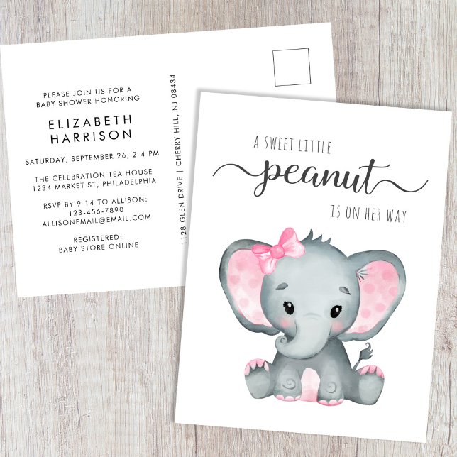 Invitation Carte Postale Bébé Eléphant mignon Douche fille (Créateur téléchargé)
