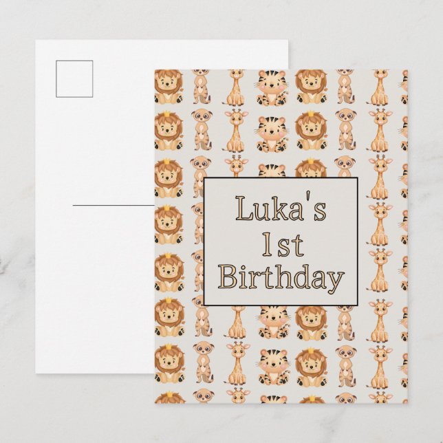 Invitation Carte Postale Bébé mignon Animaux Safari (Devant / Derrière)