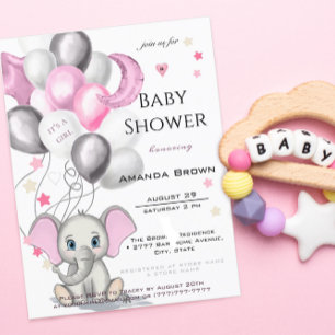 Invitation Carte Postale Bébé mignon éléphant avec ballons Baby shower fill