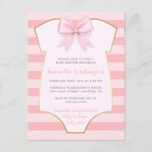 Invitation Carte Postale Bébé mignon fille Blush Bow rose et Baby shower or