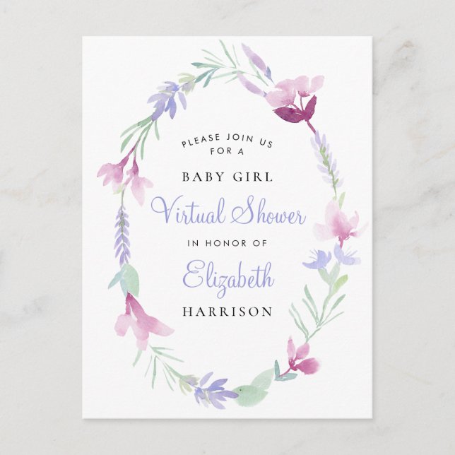 Invitation Carte Postale Bébé virtuel Douche violet Floral Aquarelle (Devant)