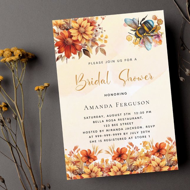 Invitation Carte Postale Bee Bridal douche orangé fleurs d'automne (Créateur téléchargé)