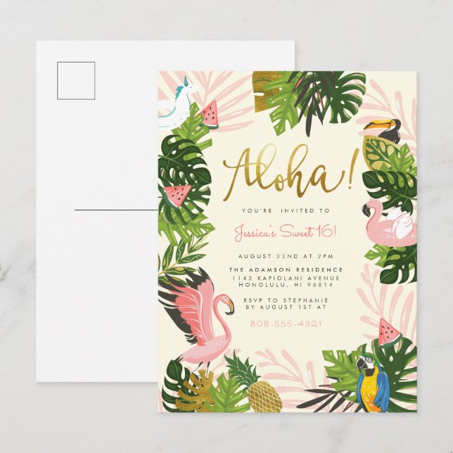 Invitation Carte Postale Beige | Aloha Hawaii Tropical Gold Birthday Party (Devant / Derrière)