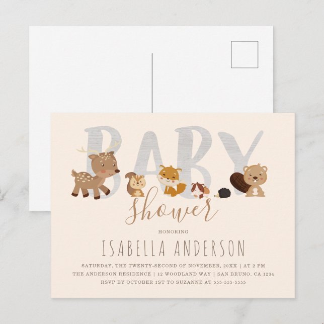 Invitation Carte Postale Beige | Cute Bois Animaux Baby shower neutre (Devant / Derrière)