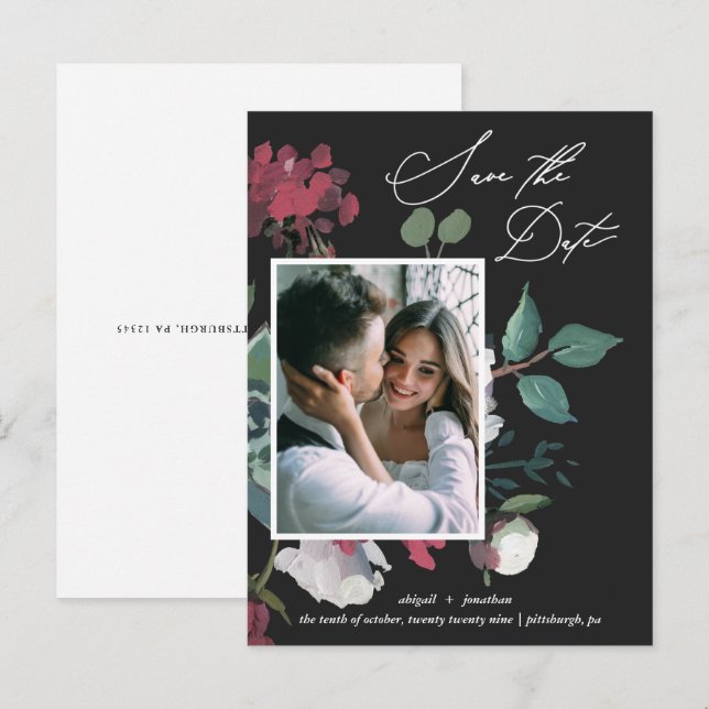 Invitation Carte Postale Belle aquarelle Floral Black Enregistrer la date (Devant / Derrière)