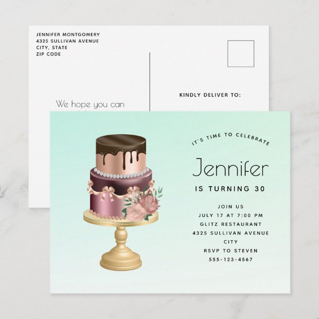 Invitation Carte Postale Belle Glam Party Gâteau Anniversaire (Devant / Derrière)