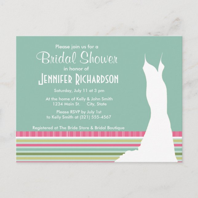 Invitation Carte Postale Belle Monnaie Vert & Bandes Roses (Devant)