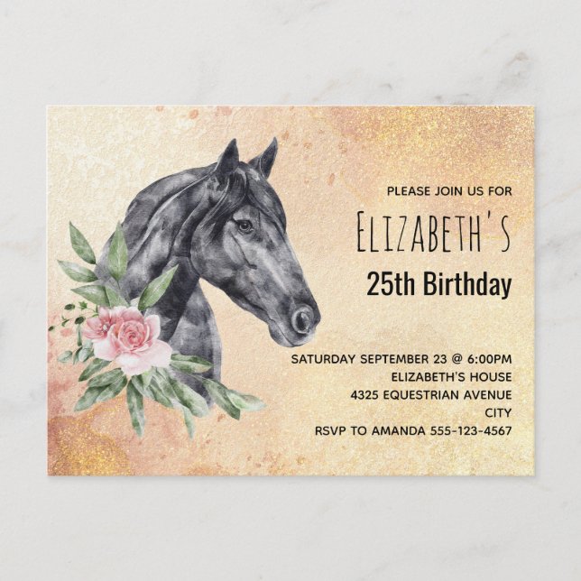Invitation Carte Postale Belle tête de Cheval Noir Aquarelle Anniversaire (Devant)
