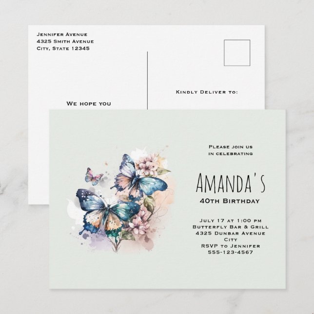 Invitation Carte Postale Belles papillons et fleurs Anniversaire (Devant / Derrière)