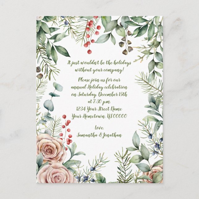 Invitation Carte Postale Berries, Eucalyptus, Pin, Fête de Noël Rose (Devant)