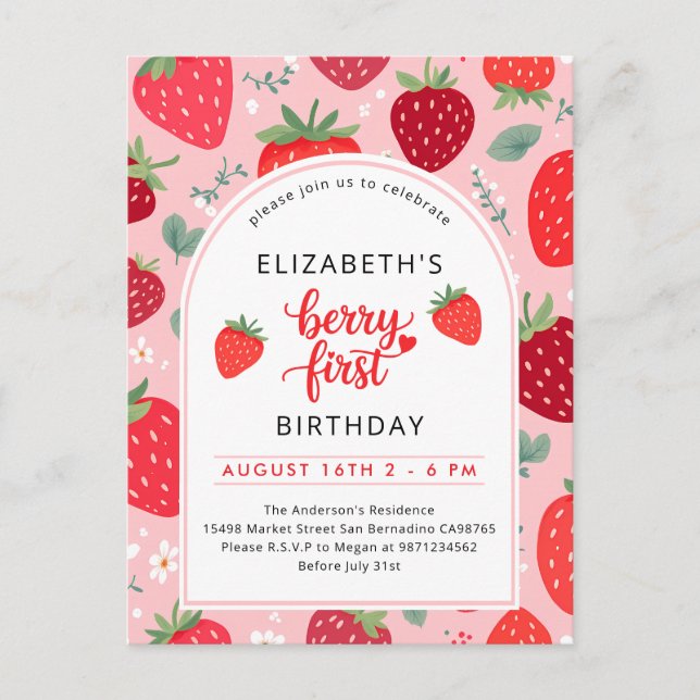 Invitation Carte Postale Berry First Cute 1er Anniversaire Fille aux fraise (Devant)