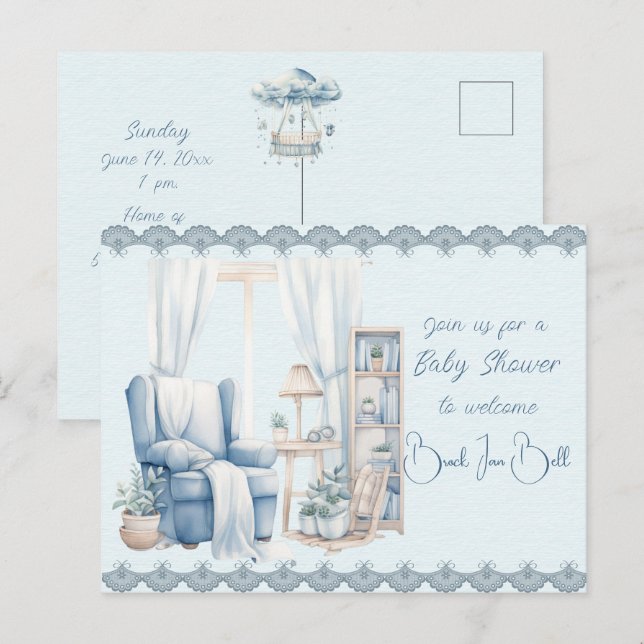 Invitation Carte Postale Bienvenue dans une douche bébé garçon (Devant / Derrière)