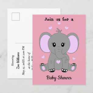 Invitation Carte Postale Bignon éléphant en rose, baby shower
