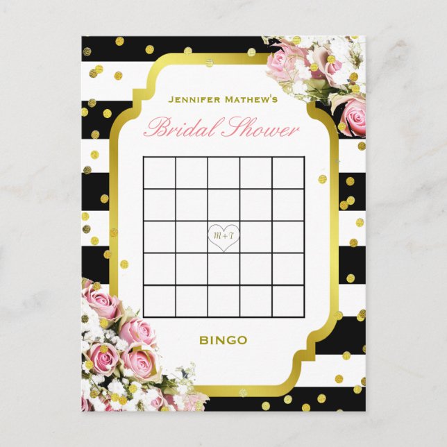 Invitation Carte Postale Bingo Fête des mariées | Bandes et Rose (Devant)