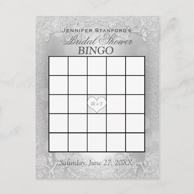 Invitation Carte Postale Bingo Fête des mariées | Elégance argentée (Devant)