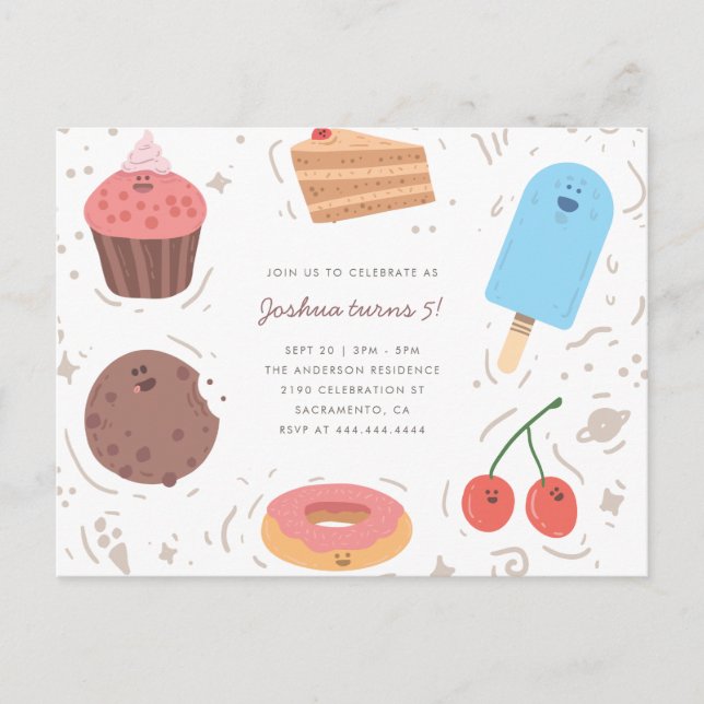 Invitation Carte Postale Biscuits Donut & Glace Cream Sweet Kids Anniversai (Devant)