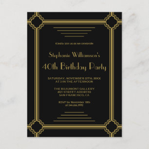 Invitation Carte Postale Black & Gold Art Déco Frontière fête d'anniversair