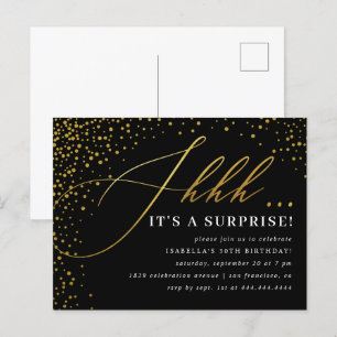 Invitation Carte Postale Black & Gold Confetti Script Surprise Party