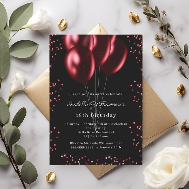 Invitation Carte Postale Black red balloons birthday  (Créateur téléchargé)