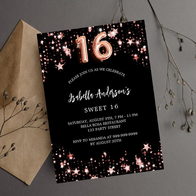 Invitation Carte Postale Black rose or étoiles Sweet 16 (Créateur téléchargé)