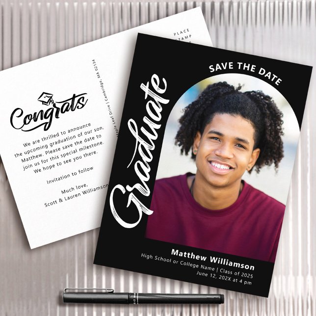 Invitation Carte Postale Black Save Date Graduation Arche photo en blanc Sc (Créateur téléchargé)