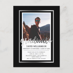 Invitation Carte Postale Black & Silver Typographie Photo Graduation Party