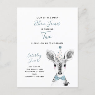Invitation Carte Postale Black & White Blue Deer Boy 2e anniversaire