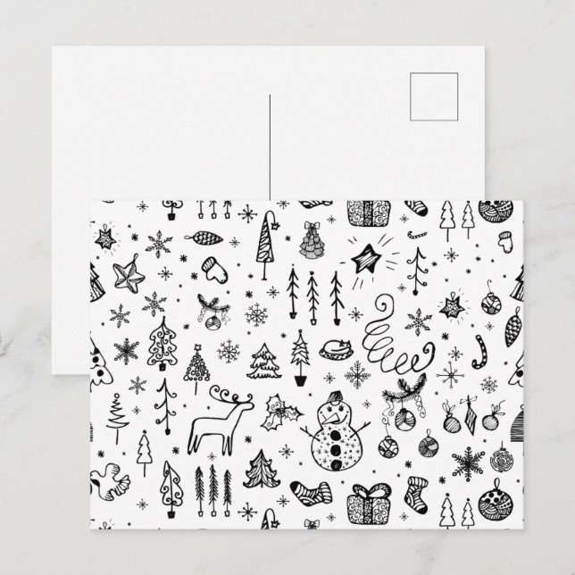 Invitation Carte Postale Black & White Christmas Icons Pattern – Cute  (Devant / Derrière)