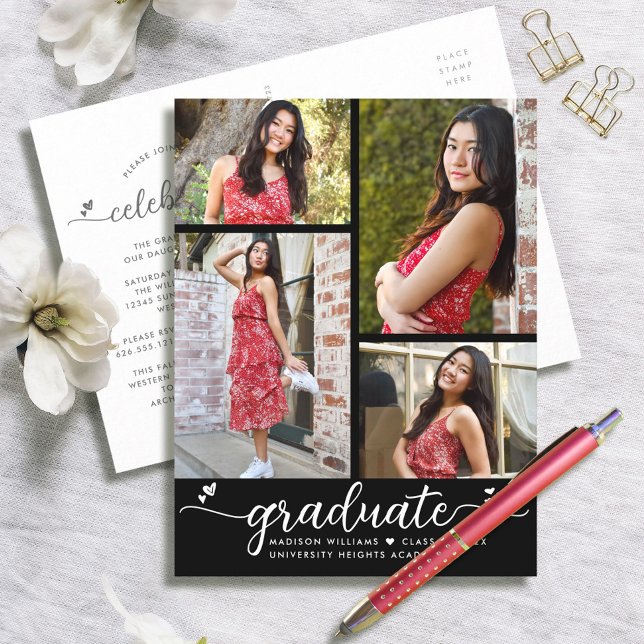 Invitation Carte Postale Black White Graduation 4 Photo Modern Script Heart (Créateur téléchargé)