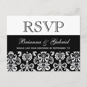 Invitation Carte Postale Black White Heart Damask Réponse du Mariage RSVP