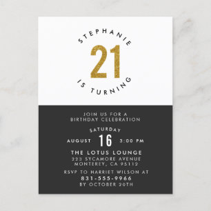 Invitation Carte Postale Blanc de noir de parties scintillantes d'or et