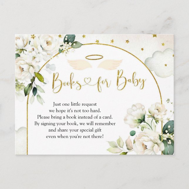 Invitation Carte Postale Blanc Floral Angel Baby Heaven envoyé Livres pour  (Devant)