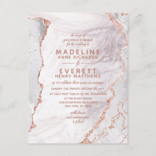 Invitation Carte Postale Blanc & Rose Gold Agate Marbre Foil Mariage modern