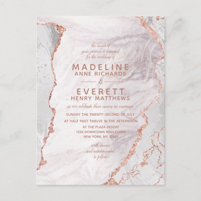 Invitation Carte Postale Blanc & Rose Gold Agate Marbre Foil Mariage modern (Devant)