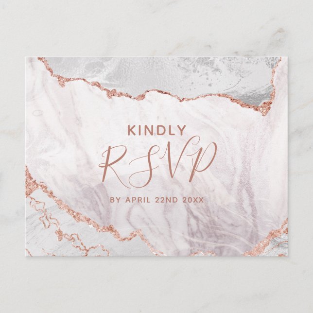 Invitation Carte Postale Blanc & Rose Gold Agate Mariage Repas Choix RSVP (Devant)