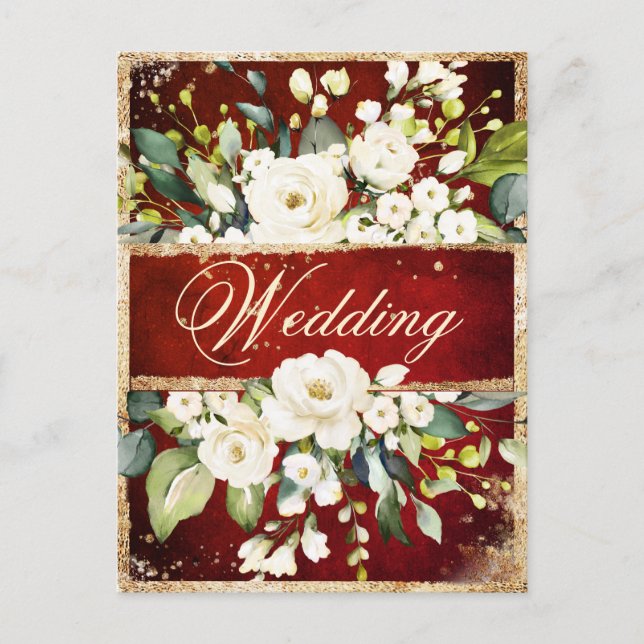 Invitation Carte Postale Blanc Rouge or botanique Floral Rustique Mariage (Devant)