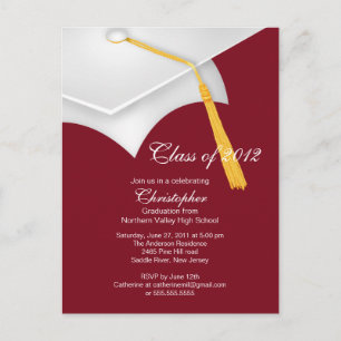 Invitation Carte Postale Blancs Maroon Grad Casquette de la fête de graduat