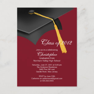 Invitation Carte Postale Blancs Maroon Grad Casquette de la fête de graduat