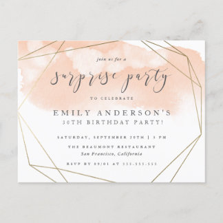 Invitation Carte Postale Bleu Aquarelle Or Géométrique Surprise Party