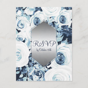 Invitation Carte Postale Bleu Blanc Argent Hiver Mariage Elégant RSVP