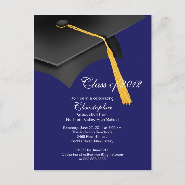 Invitation Carte Postale Bleu blanc Grad Casquette de la fête de graduation (Devant)