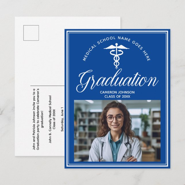 Invitation Carte Postale Bleu Blanc Médicale School Photo Graduation (Devant / Derrière)