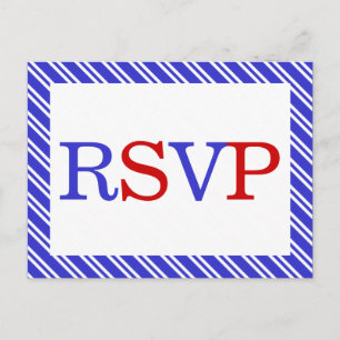 Invitation Carte Postale Bleu blanc rouge rayures RSVP