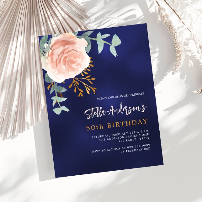 Invitation Carte Postale Bleu bleu rose or vert fleurie anniversaire (Créateur téléchargé)