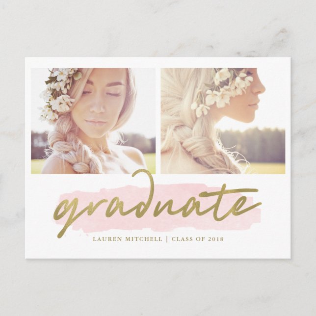 Invitation Carte Postale Bleu branché et Gold Deux Photo Graduation Party (Devant)