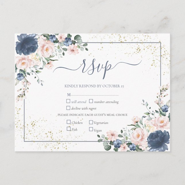 Invitation Carte Postale Bleu clair bleu clair rose or floral RSVP (Devant)