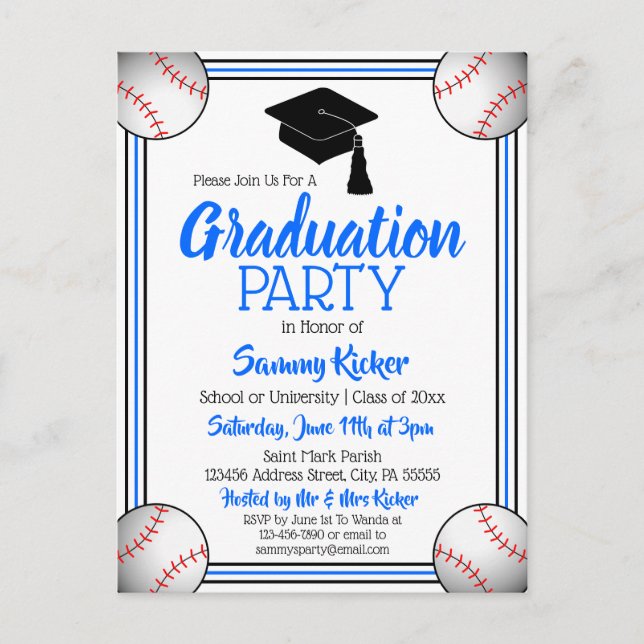 Invitation Carte Postale Bleu de baseball et Black Graduation Party (Devant)